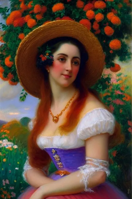 Prompt: Portrait of a woman with in the style of  Leonid Afromov. brightly colored with a cabin with thatched roof and lots of flowers everywhere in the background
