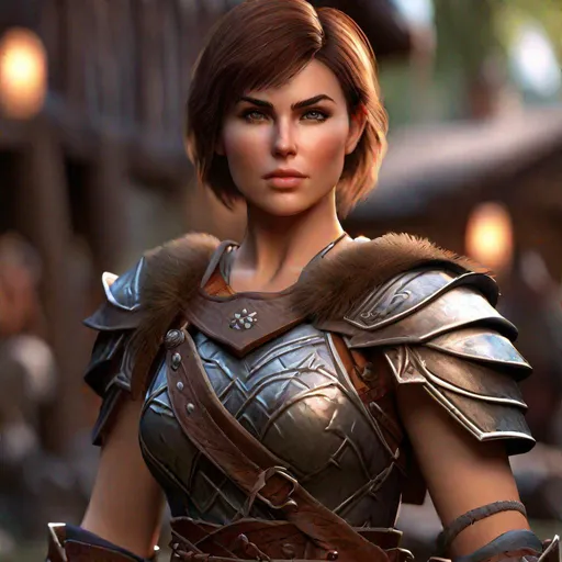 D&d woman barbarian, village, low armor, short brown...