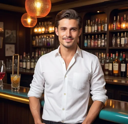 Prompt: a man standing in front of a bar with a tray of drinks on it's back bar counter, Bikash Bhattacharjee, samikshavad, jayison devadas, a character portrait