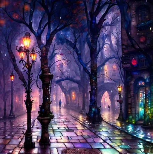 Prompt: Cobble stone street, Fantasy Forest trees, Watercolor, steampunk, New York City street,  near death experience, buildings,  trees, tall trees along street, storefront, wet on wet , sunrise, petals rain, watercolor , New York City,  art by Daniel Merriam, Josephine Wall, Jeremy Lipkin,  Alayna Danner,  shimmering,  super clear resolution,  intricate, highly detailed, crispy quality, dynamic lighting, hyperdetailed and realistic, fantastic view