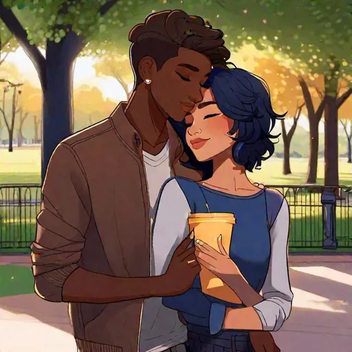 Prompt: Caleb  1male (brown hair, brown eyes) hugging Tome 1female (dark skin, short dark blue hair) on a date in the park, adults