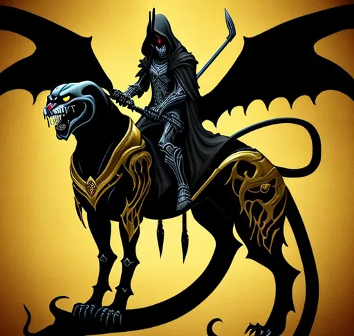 Prompt: grim reaper riding on a panther. black and gold colors