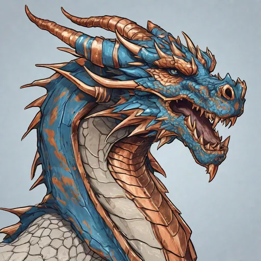 Prompt: Concept design of a dragon. Dragon head portrait. Side view. Coloring in the dragon is predominantly blue with strong copper streaks and details present.