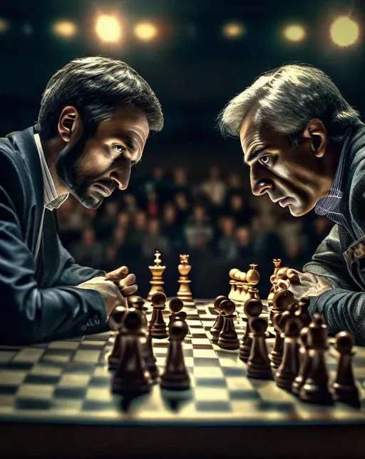 Prompt: Two chess masters face off in an international tournament, gazing intensely at the board spotlit dramatically overhead. A hushed crowd looks on at the competitive game. In the style of (Howard Lyon:0.5), ultra detailed, highly detailed scenario, photorealistic, intricate, masterpiece, UHD, HDR, symmetric, coherent, epic detail, stunning, beautiful, ,lumen render ,lumen path tracing ,path tracing light ,path tracing shadow ,path tracing special fx, 