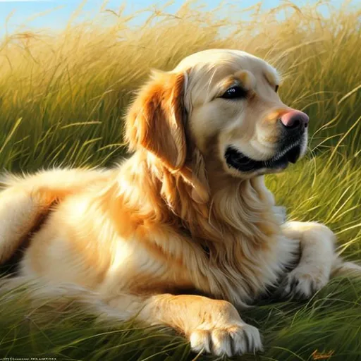 Prompt: Golden retriever lounging in sunny grass field, realistic oil painting, detailed fur with warm reflections, bright and vibrant, high quality, realistic, warm tones, detailed eyes, natural lighting