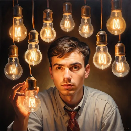 Prompt: Adult student surrounded by unique lightbulbs, reaching for unlit bulb's cord, education concept, realistic oil painting, warm lighting, detailed facial features, high quality, educational, warm tones, intricate cords, thoughtful expression, traditional art style