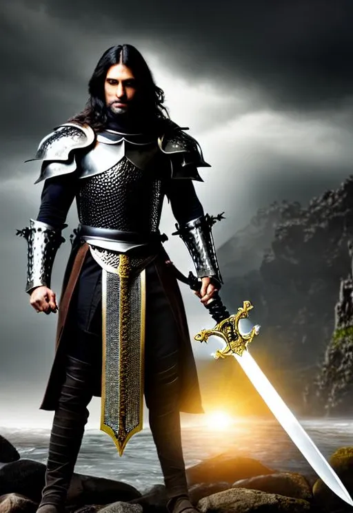 Prompt: HDR, UHD, 8k, High Detail, full body pose, male knight with a sinister smirk, the knight has long dark hair is standing in black plate mail darker than anything known to man, the knight is standing in a stream of blood holding a Crusader's sword with a golden cross gaurd and obsidian black blade, the stream is flowing through the middle of a large kingdom, the kingdom is on fire, beyond the kingdom is a mountain shrouded with smoke, above the mountain a blood red moon hangs over the landscape, Medevil environment,