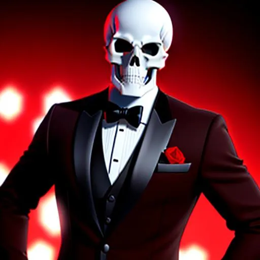 Prompt: Badass skeleton wearing a tuxedo , red sweater with black bow tie, HD, 8k, high quality, hyper realism, Very detailed