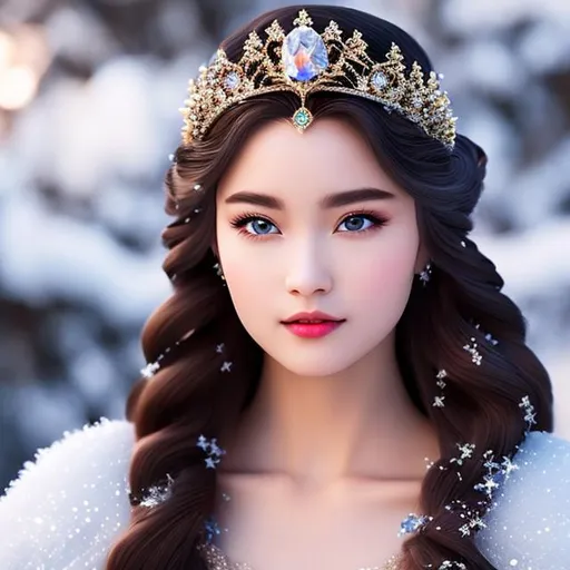 Prompt: High quality ice kingdom Princess with white with snow flakes long hair, hyper realistic, brown eyes, cherry lips, smooth and soft skin, 4HD, 1080p. Sparkles, renaissance dress