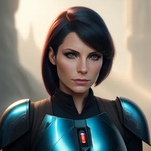 Prompt: the mandalorian, Bo-Katan Kryze, Katee Sackhoff
 Highly detailed photo realistic digital artwork. High definition. Face by Tom Bagshaw and art by Sakimichan, Android Jones" and tom bagshaw, BiggalsOctane render, volumetric lighting, shadow effect, insanely detailed and intricate, photorealistic, highly detailed, artstation by WLOP, by artgerm