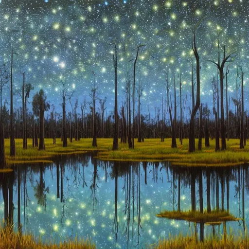 Prompt: Painting of an Ancient Florida swamp: fallen tree, mirrored ponds, starlit night.