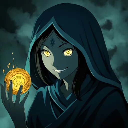 Prompt: Avatar the last airbender, ATLA, an older woman shrouded in shadows. spooky, horror, demon, glowing eyes. old, smiling