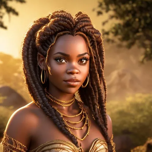 Prompt: professional photo disney nala as live action human woman hd hyper realistic beautiful african princess black braided hair light brown skin hazel eyes beautiful face lion fur dress gold jewelry enchanting
african savannah hd background with live action realistic baobab trees and african animals