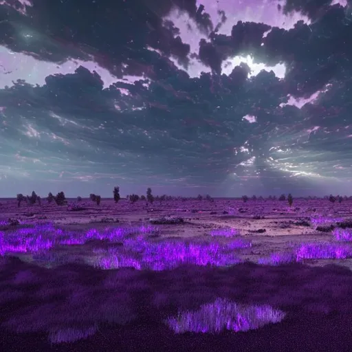 Prompt: architectural render of a desolate field at the dead of night with purple rays remnant from the susnet