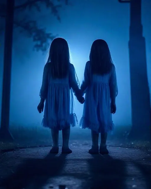 Prompt: Pale ghostly children holding hands stand eerily on an abandoned playground at night, partly obscured by fog. Shot in chilling blue hour lighting with shallow depth of field. Haunting, unsettling, nightmare fuel.