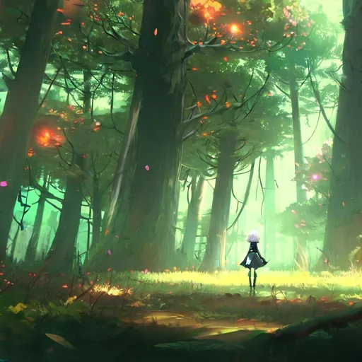 Prompt: Nier Automata 2B, forest background, rich vivid colors, ambient lighting, dynamic lighting, 4k, HQ, official media, anime key visual, rossdraws, detailed, trending on artstation