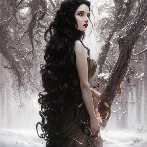 Prompt: Full-body splash art portrait of Snow White as a vampire queen, long curly hair, intricate, elegant, highly detailed, extremely detailed, HD, digital painting, smooth, sharp focus, illustration, art by artgerm and greg rutkowski and alphonse mucha and John William Waterhouse, dark, eerie, gothic