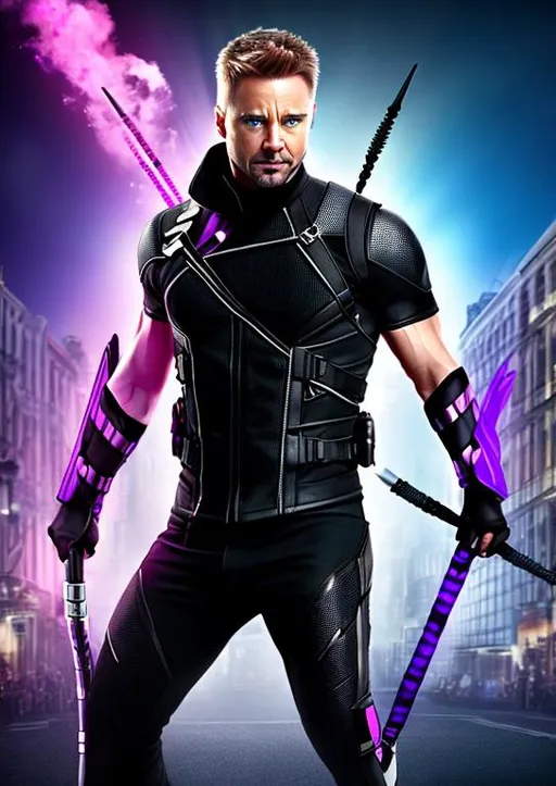 Prompt: High-resolution hyperrealistic photo of hawkeye clint barton merged with villain bullseye benjamin poindexter, played by colin farrell merged with jeremy renner, undercut fade haircut, black and purple and white costume, uhd, hdr, 64k