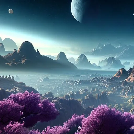 Prompt: A beautiful vista of a breathtaking, alien world, with a small town of short buildings.