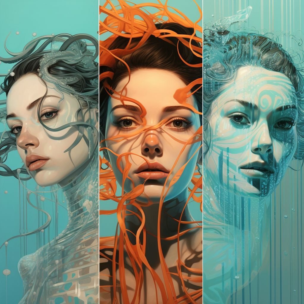 Prompt: photorealistic portraits of women from surreal imagery and 3d renderings, in the style of paint dripping technique, gray and aquamarine, intricate underwater worlds, panfuturism, art nouveau organic flowing lines, fluid geometry, freehand painting