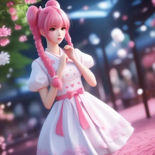 Prompt: 3d anime woman pink pigtails hair and white dress and beautiful pretty art 4k full HD