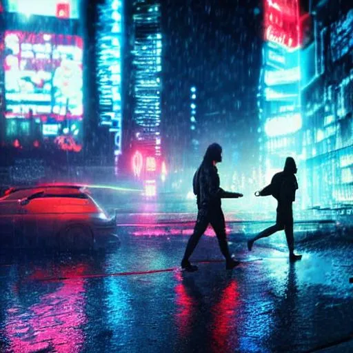 Prompt: cyberpunk, neon lights, wide aspect ratio, detailed, couple walking, rain, fog, car