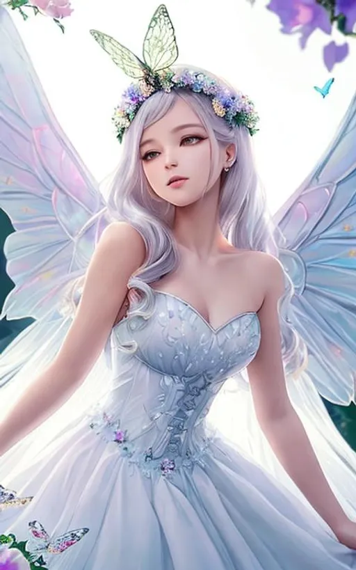 Prompt: mirror world, fantasy garden in the background, ultra detailed artistic photography a beautiful white angel with butterfly's  wings, half closed eyes, a grenade hair, great diadem with butterfly, long skirt with hearts and small flowers, waterfall in the background, natural body posture, detailed face, dreamy, glowing, backlit, glamour, glimmer, shadows, smooth, ultra high definition, 8k, ultra sharp focus, art by Pawel Tomczuk, intricate artwork masterpiece, ominous, matte painting movie poster, golden ratio, intricate, epic, by aderek, by Pawel Tomczuk, highly detailed, vibrant, production cinematic character render, ultra high quality model