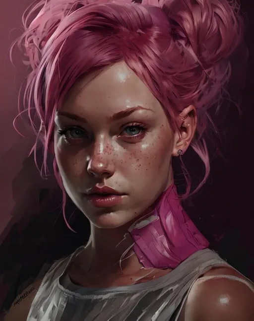 Portrait of {character} with pink hair and with cute...