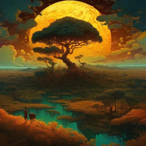 Prompt: savanna, vast and sprawling landscape, Bright Amber moon with swirling clouds, Acacia Trees dot the landscape, massive storm clouds, Ivan Shishkin, Victo Ngai, Gregorio Catarino, Cyril Rolando, Michal Karcz,  Anato Finnstark, Flavio Greco Paglia, hyperdetailed defined oil painting, vibrant colors, 8K resolution, polished divine photorealistic intricate complex HDR, amber glow, dreamy, extremely detailed, cinematic lighting, poster, award winning!