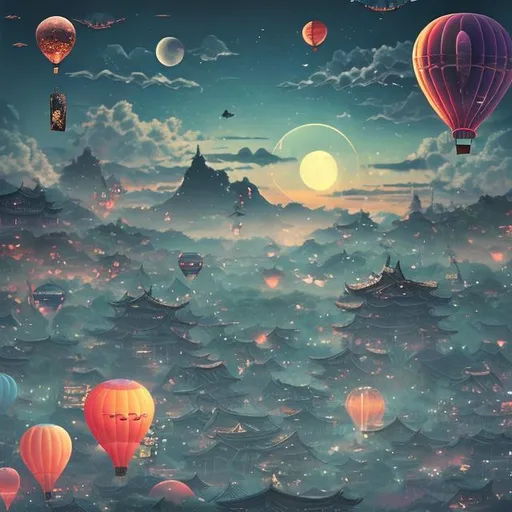 Prompt: nightscape, vivid dream, people flying, beach, tropical, hot air balloons, moon with face, feudal japan, spaceships, giant samurai, 80s fantasy film