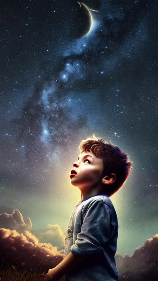 Prompt: A realistic photo of a little boy look up to the midnight sky, galaxy in night sky, natural, glamorous, wonderful, stars and planets, landscape, hd, 4k, ultra realistic.