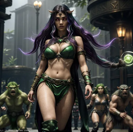 Prompt: Splash art, swirling magical lights, dense fog, create an intricately detailed, full body, ultra realistic, 3D Rendered image. Focused on an enticing, alluring, highly detailed, slender young adult, ((random hair color)), (((random ethnicity)), super exotic, human sorceress. {{surrounded by angry green orcs.}} {Casting a magic lightning bolt in an epic depiction of battling the green orcs in a fantasy tower}, using a legendary fantasy weapon. In a dystopian city destroyed by war background. 8k resolution,  photo realistic, highly exotic, ultimate fantasy, digital concept art, perfect cinematic lighting, perfect shading.