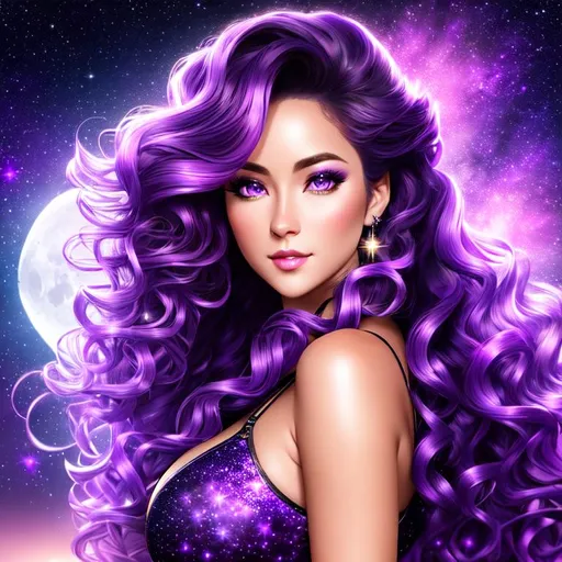 Prompt: Fantasy style, Stary night-time purple fantasy background, moon shining bright, a hyper realistic detailed image of a feminine woman, covered in nightly glow ((long curly hair)), looking straight ahead, body facing camera, camera top third of image, perfect composition, super detailed, sharp focus HDR, UDR, 120k, square jaw, slender upturned nose, full red lips, ((light silver and white coloured sheer dress)), silver shoulder plates, ((gold eyes)).