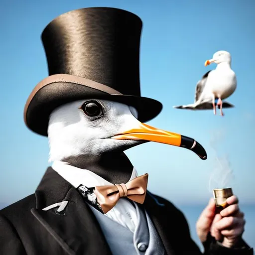 Prompt: A sophisticated seagull wearing a monocle, a tophat, and smoking a pipe. 