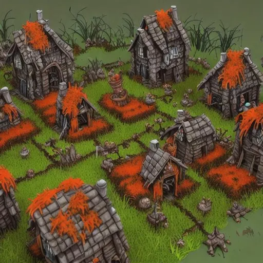 Prompt: Gnoll Zombie village covered in orange moss