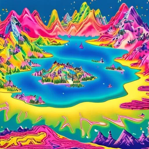 Prompt: Lisa frank style lake in world War ii