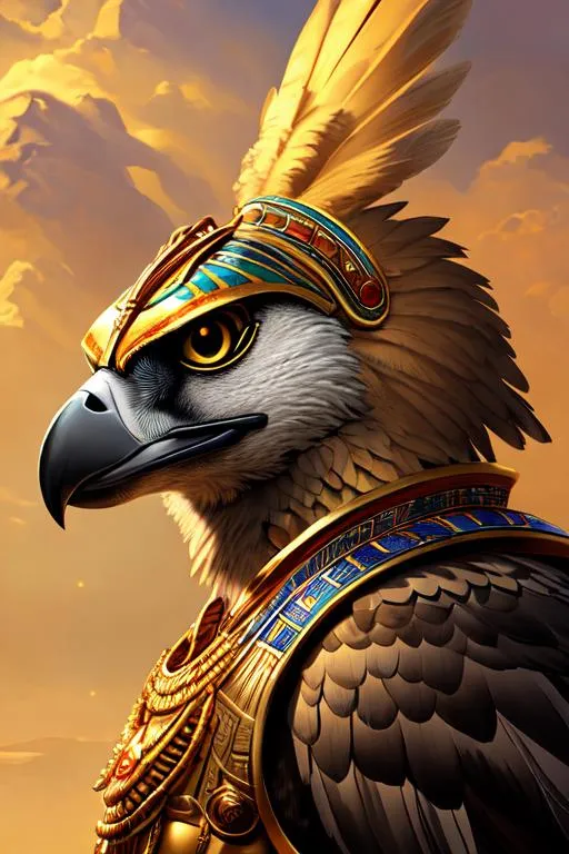 Prompt: Horus, oil painting, anthropomorphic falcon, male, furry, warrior, ancient egypt, 8k, UHD,   bronze weapons, hieroglyphics art, hyperrealistic, photorealistic, beautiful art, furry art, digital art,  hyperperfectionist, muscular, pharaoh, falcon head, hyperdetailed full-body of a werefalcon in battle stance, hyper detailed background, ancient egypt temple inside background, god of egypt, highly detailed, panned out view of the character, tan skin, scary, bloody, fight, pharaoh crown, majestic