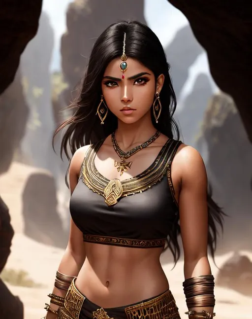 Prompt: Isabela Merced, 17 years old, wearing tribal cueitl, sleeveless, determined, fierce, hero, dirty, dramatic, human, cinematic lighting, caustic, cave background, black hair, brown eyes, battlefield, ethereal, jewelry set,stunning, royal vibe, highly detailed, digital painting, Trending on artstation , HD quality, tan skin,artgerm, by Ilya Kuvshinov