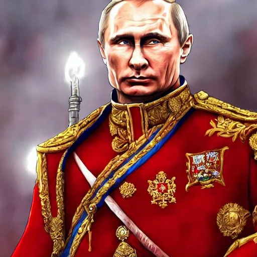 Prompt: fantasy detailed illustration Vladimir Putin, Russian, regal, royal, armor, god warrior, occidental, red, white, blue