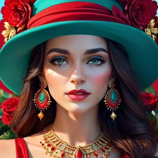 Prompt: Beautiful ethereal woman. color scheme of tuquoise and red., wearing turquoise and gold jewlery, wearing a red hat with red flowers, facial closeup