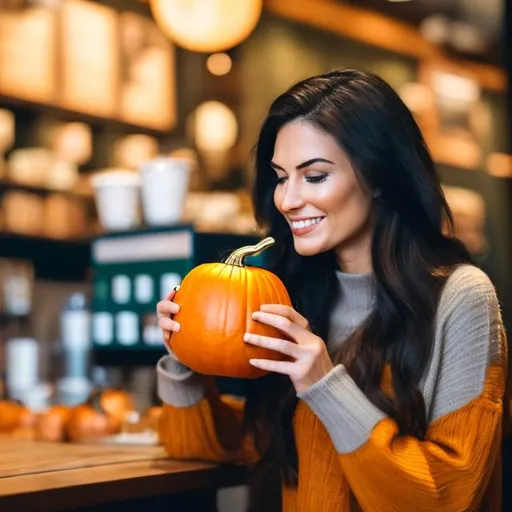Prompt: Woman sipping a pumpkin inside starbucks