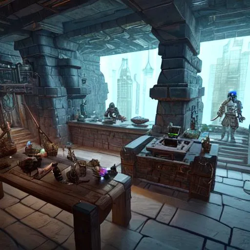 Prompt: indoors in a futuristic apartment dungeon is a magical  jewelcraft sorcerers sect of dwarves. At their store with stone walls made during the ancient times. Made in the future and ergonomic furniture has been brought back and spread around vendor options. Themed as cyberpunk ergonomic. 4k. (((Masterpiece)))