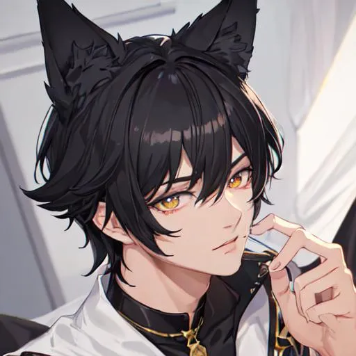 Prompt: Midnight male cat boy (short black hair) scar on his neck, 8k, UHD, highly detailed, best quality, on his knees