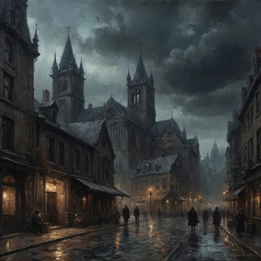 Prompt: thick rolling fog in the streets, black moonless night sky, gothic architecture, strong steampunk vibes, thick dark fog in the foreground, thick dark fog at bottom of image, oil painting, strong magical feel, mysterious, moody, cold, dreary, darker sky, trash, broken buildings, rubble, smoke, deeper blacks, dark blue black clouds, no light, dark night