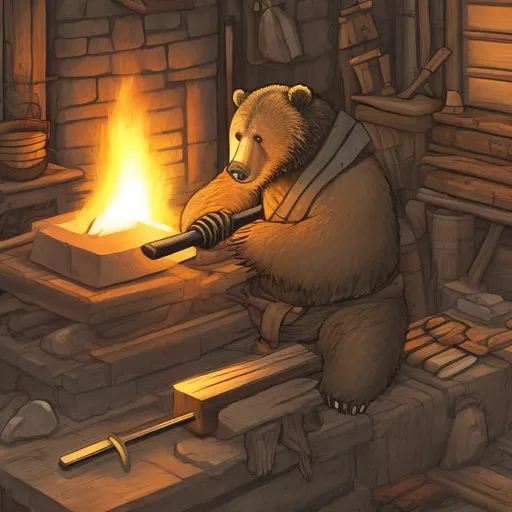 Prompt: a bear forging a katana in a forge