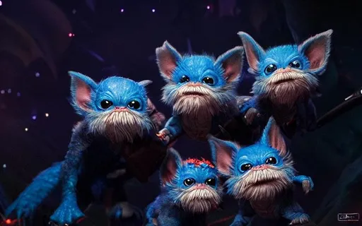 Prompt: a squad of blue gremlin creatures, multiple, highly detailed, cute, fur, running from the camera, large ears, beady eyes, mineshaft, underground, low light digital painting, dnd, art by Stanley Lau and Artgerm and magali villeneuve and Alphonse Mucha, artstation, octane render, cgsociety