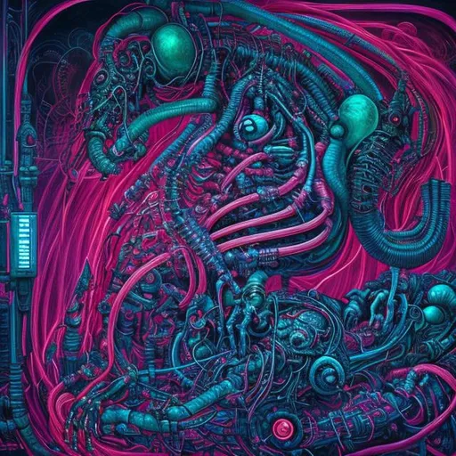 Prompt:  fantasy art style, painting, giving birth, pain, long neck, woman, bloated belly, pregnant belly, evil, demon, Satan, woman giving birth, machine, medical machine, ultrasound, MRI machine, robotic, green, green lights, green neon lights, lightning, colourful, murky, H. R. Giger, biological mechanical, pipes, evil robot, egg, queen, queen ant, snakes, serpents, eels, tentacles, jellyfish, giant robot, robot, machine, pregnant robot, war machine, inseminate, insemination, pregnancy, pregnant, mother, mother with pregnant belly, pregnant woman, futuristic, dystopian, alien, aliens,  insemination, egg laying, spawn, egg chamber, uterus, womb, placenta, procreation, breeding, brood, clutch of eggs, reproductive organs, giving birth, female, sperm, zygote, embryo, blood, veins, organs, shaft, pump, hammer, 
Apocalypse, birth canal, cervix, glands, birth, cesarean, operation, surgery, tree roots, roots, twigs, sticks, branches, tree, milk, bleeding, hole, sacral vertebrae, spine, vertebrae, brain, skull, pelvis, bone, bones, giant monster, helmet, beetle, wasp, fly, dragon fly, moth, spider, slug, snail molluscs, shell, egg yolk, whip, tail, tendrils, antennae, gas mask, mask, malnourished