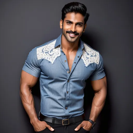Prompt: Professional full-body photoshoot of a gorgeous, muscular, male Indian model, hyperdetailed symmetrical eyes, defined shredded musculature, mustache and stubble, broad shoulders, sultry romantic, short-sleeve button-up shirt, black jeans, flexing, smiling, best quality, hyperdetailed, professional, romantic, symmetrical eyes, defined musculature, full-body, atmospheric lighting