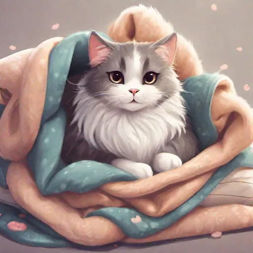 Prompt: A cute   cat with fluffy pillow and blanket,highres, best quality, concept art, png, Behance, lulu chen