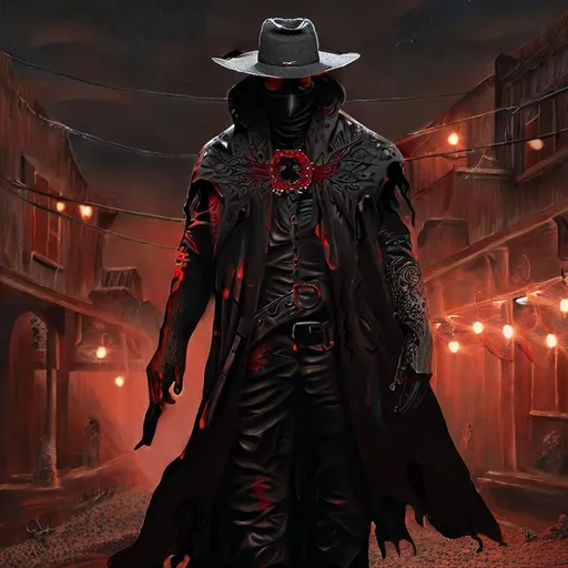 Prompt: Cyber Cowboy with 4 Arms, fiery red Poncho, Dressed in black duster and Stetson Cowboy Hat, with Red eyes, Haunting Presence, Intricately Detailed, Hyperdetailed, Desert Wild West Landscape, Dusty Midnight Lighting, Wild West Feel